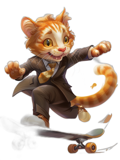 Character design of an orange cat in a suit and tie, with yellow eyes doing a skateboard trick on a black background, in the style of Kienan Lafferty, in the trending pixiv fanbox art style, a digital painting in the style of [Artgerm](https://goo.gl/search?artist%20Artgerm), in the style of [Greg Rutkowski](https://goo.gl/search?artist%20Greg%20Rutkowski), trending on deviantart, trending on pixiv.