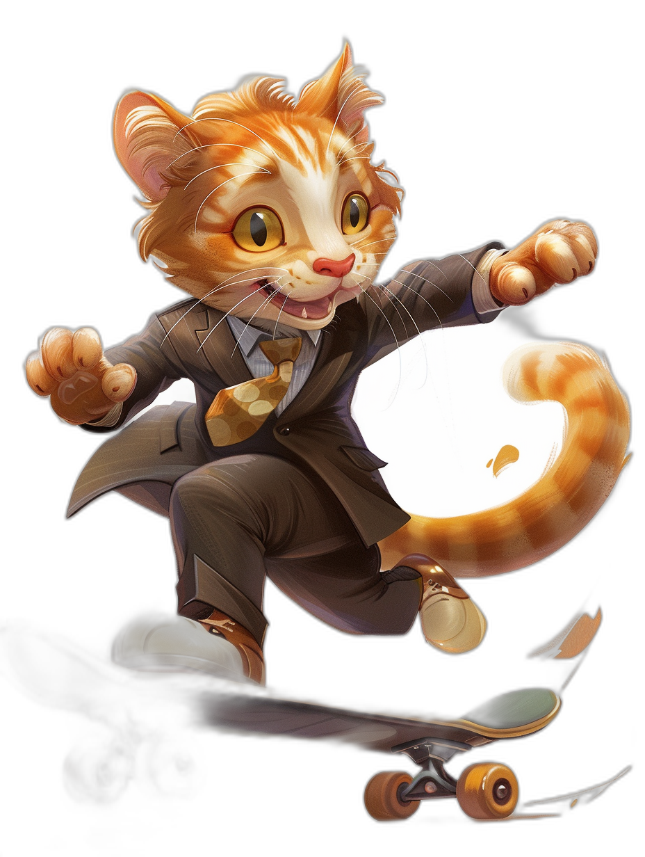 Character design of an orange cat in a suit and tie, with yellow eyes doing a skateboard trick on a black background, in the style of Kienan Lafferty, in the trending pixiv fanbox art style, a digital painting in the style of [Artgerm](https://goo.gl/search?artist%20Artgerm), in the style of [Greg Rutkowski](https://goo.gl/search?artist%20Greg%20Rutkowski), trending on deviantart, trending on pixiv.