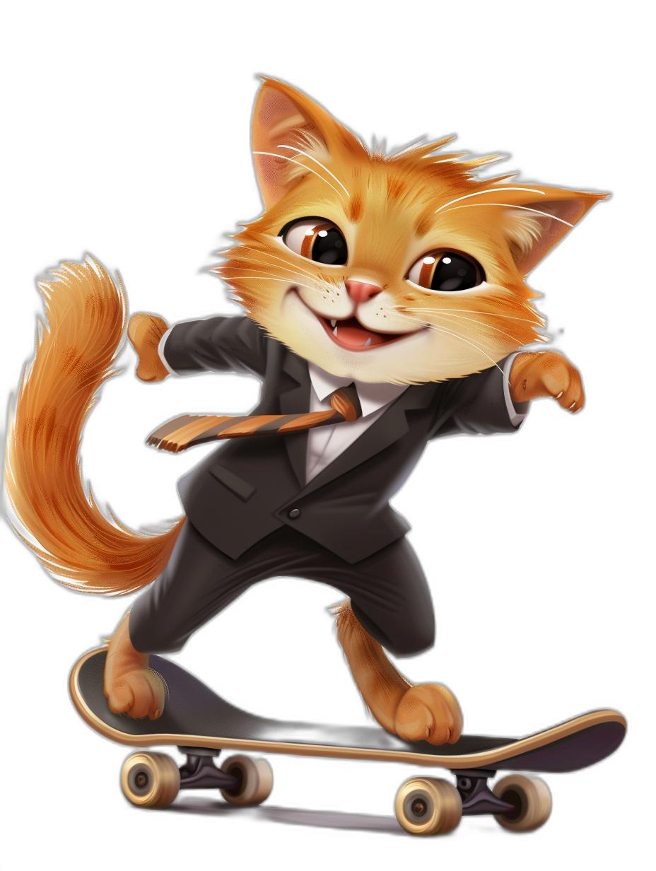 Cute cartoon orange cat in a suit, riding a skateboard on a black background, in the style of Disney with a cartoon character design, 3D rendered, with a happy facial expression, in a cute pose, with detailed fur texture, at a high resolution, with bright colors, with professional studio lighting, with professional photography, in sharp focus, with super details.