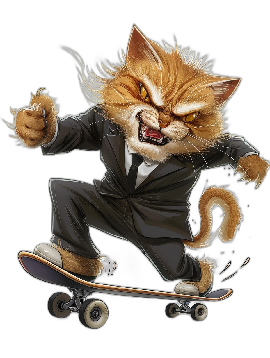 A realistic cartoon illustration of an angry ginger cat in a suit riding on a skateboard, with a black background, in the style of a t-shirt design.