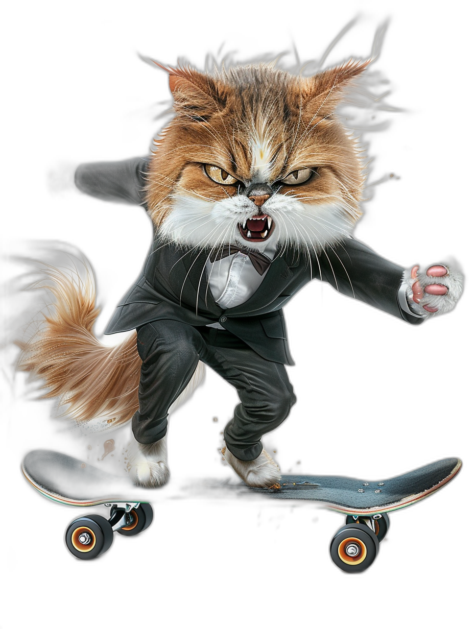 realistic digital illustration of an angry cat in tuxedo riding on skateboard, black background, full body portrait