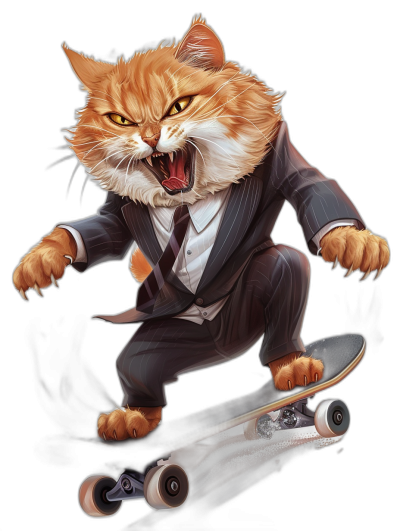 realistic digital illustration of an angry ginger cat in suit, riding on skateboard, black background, t-shirt design