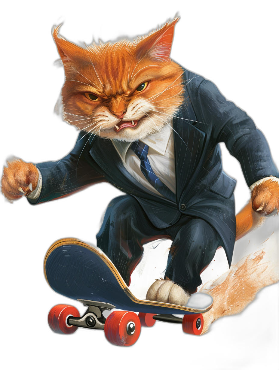 A realistic illustration of an angry ginger cat in a suit and tie riding on top of a skateboard, against a black background, in the style of a portrait.