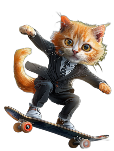 Cute cat in suit riding skateboard, full body shot, black background, in the style of [Tiago Hoisel](https://goo.gl/search?artist%20Tiago%20Hoisel), caricature-like, playful caricatures, high resolution