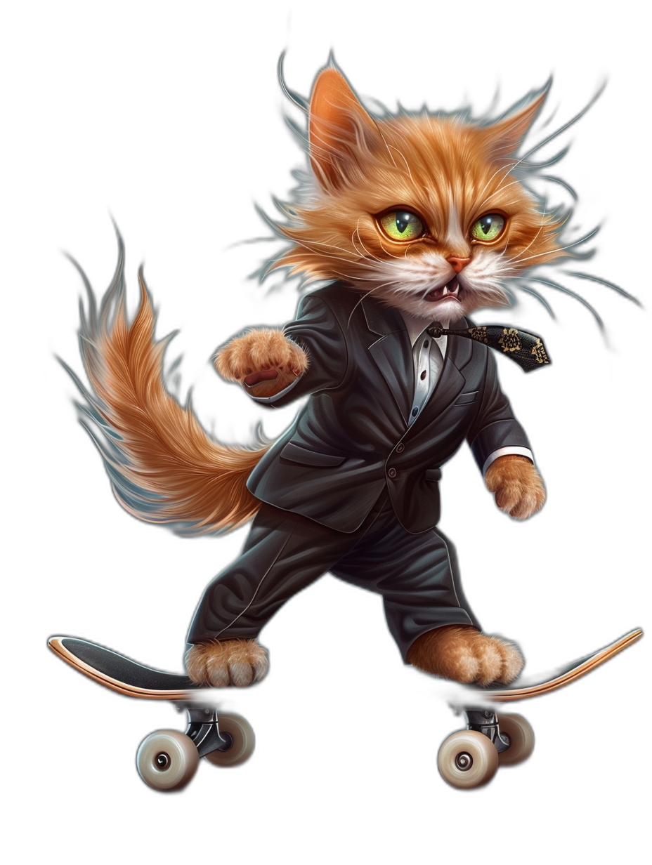 a realistic digital illustration of an orange cat in suit riding on skateboard, green eyes, cartoon style, black background, full body portrait, cool pose, detailed character design, character caricatures, cute and colorful