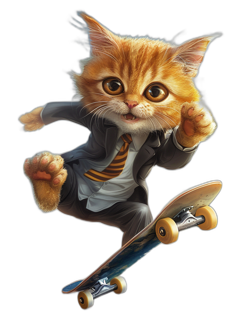 digital art of cute kitten , wear suit and tie, skating on skateboard black background , big eyes , cool pose full body , light from above , chill , smile but funny face