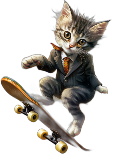 A cute cat in a suit and tie is riding on a skateboard in a full body shot against a black background in the style of digital art by [Amanda Sage](https://goo.gl/search?artist%20Amanda%20Sage) and Katerina/ifNation, a pixiv contest winner with sharp details.