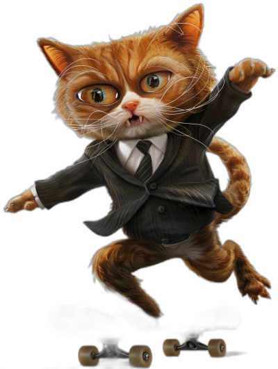 A ginger cat wearing business suit and tie, skateboarding, cartoon style, black background, hyper-realistic illustration, detailed, happy face expression, cute cat, cat is flying on skateboard, cat has big eyes, high resolution, high details, high detail, high quality, digital art