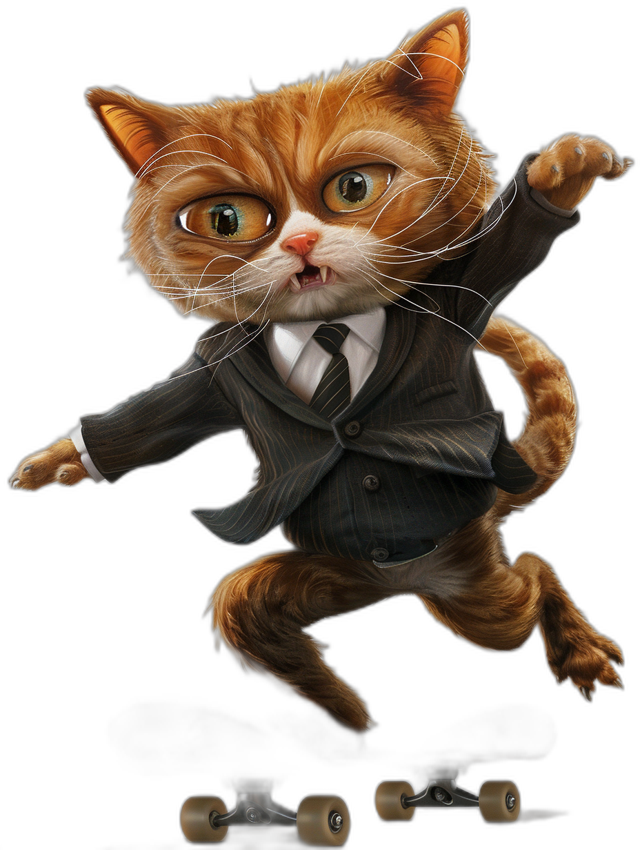 A ginger cat wearing business suit and tie, skateboarding, cartoon style, black background, hyper-realistic illustration, detailed, happy face expression, cute cat, cat is flying on skateboard, cat has big eyes, high resolution, high details, high detail, high quality, digital art