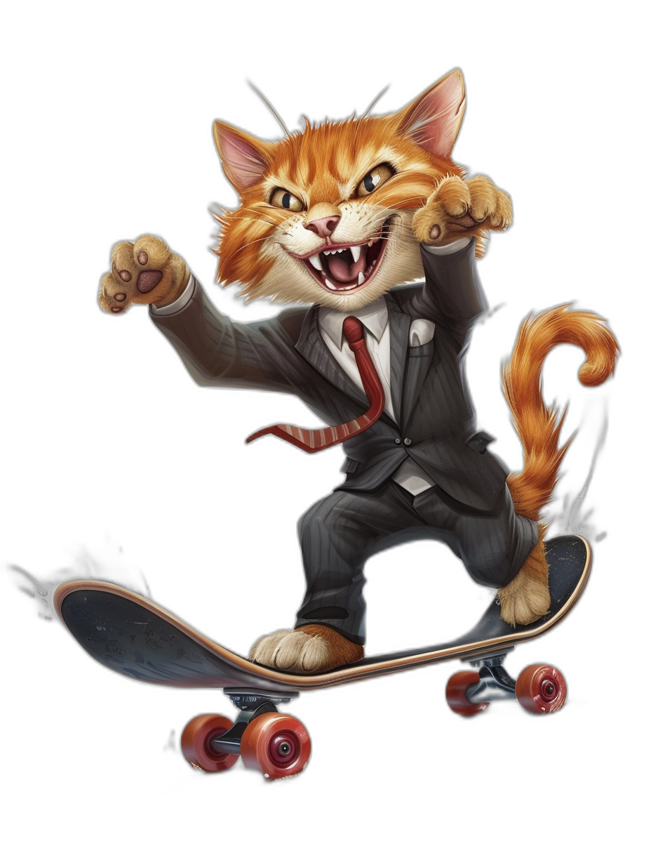 vector design of an orange cat in a suit and tie, riding on a skateboard, laughing with teeth showing, isolated on a black background, cartoon style, digital art in the style of [Artgerm](https://goo.gl/search?artist%20Artgerm), Pixar quality