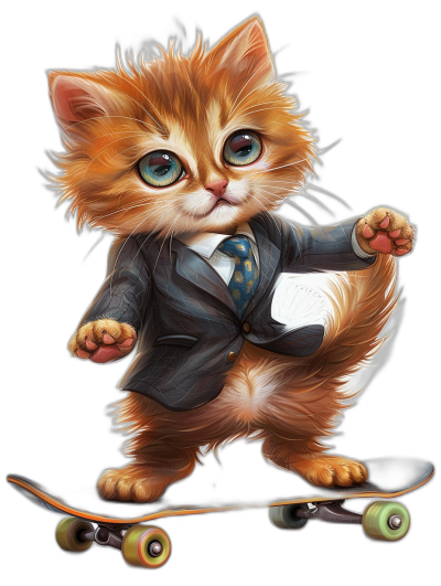 digital art of a cute kitten, wearing a suit and tie, riding a skateboard with a black background, with big eyes and a lovely expression. The art is in the style of an anime or manga artist.