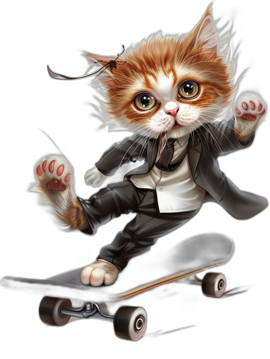 A cute happy cat in suit, riding on skateboard , by [Tiago Hoisel](https://goo.gl/search?artist%20Tiago%20Hoisel), caricature-like, playful caricatures procreate illustration isolated black background