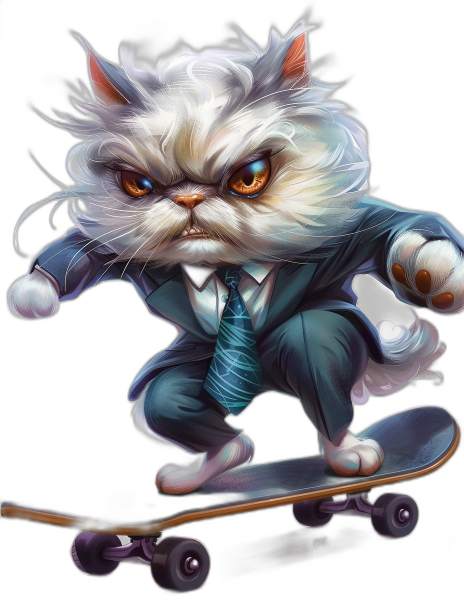 A Persian cat in a suit and tie, riding on a skateboard, with angry eyes, in the cartoon style, on a black background, digital art in the style of [Artgerm](https://goo.gl/search?artist%20Artgerm), showing the full body with a big head.