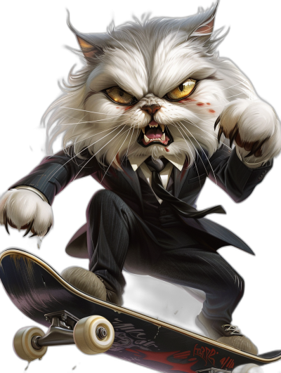 evil white cat in suit, riding skateboard, dark background, in the style of [Tiago Hoisel](https://goo.gl/search?artist%20Tiago%20Hoisel), caricature-like, playful caricatures