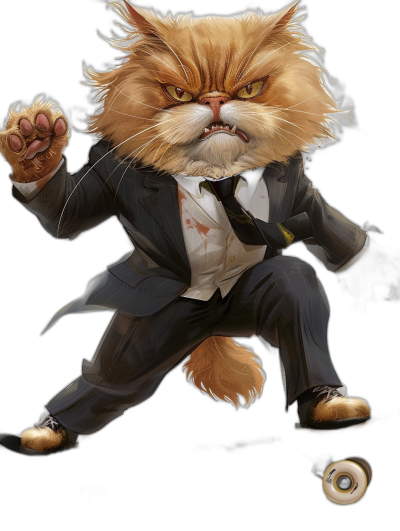 A persian cat as yakuza, in a suit and tie with a bowler hat in a fighting pose, full body character design, on a black background, digital art in the style of [Greg Rutkowski](https://goo.gl/search?artist%20Greg%20Rutkowski) and in the style of [Akihiko Yoshida](https://goo.gl/search?artist%20Akihiko%20Yoshida) Noda, full high definition.