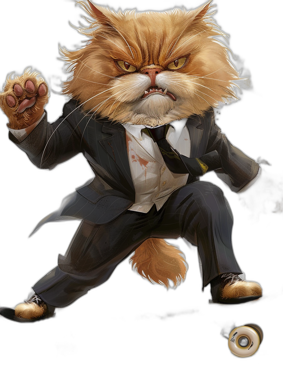 A persian cat as yakuza, in a suit and tie with a bowler hat in a fighting pose, full body character design, on a black background, digital art in the style of [Greg Rutkowski](https://goo.gl/search?artist%20Greg%20Rutkowski) and in the style of [Akihiko Yoshida](https://goo.gl/search?artist%20Akihiko%20Yoshida) Noda, full high definition.