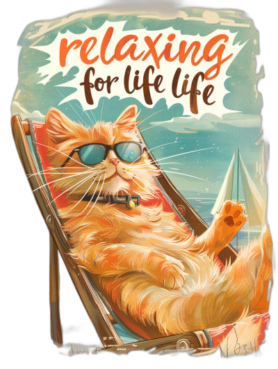 t-shirt design with the text "relaxing for life", an orange cat relaxing in a beach chair, wearing sunglasses and sunbathing on an island, in the style of vintage comic style, with ultra detailed, colorful background