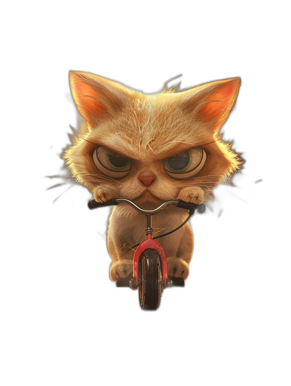 front view of a cute kitten riding a tricycle with an angry face on a black background in the style of Pixar with soft lighting and a hyper realistic style rendered in Octane.