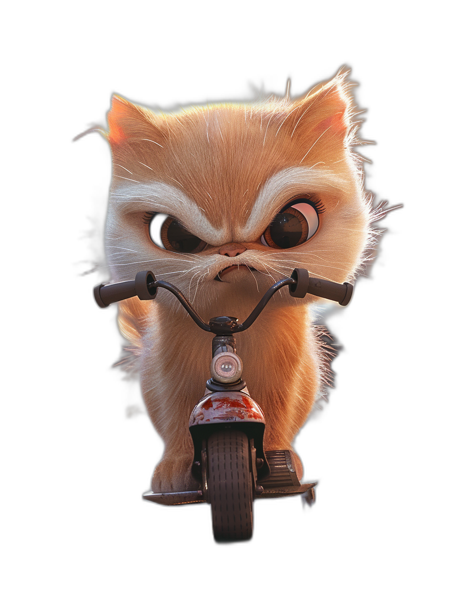 3D render of a cute Persian cat with big eyes riding on a small motorcycle against a black background, in the style of Pixar.