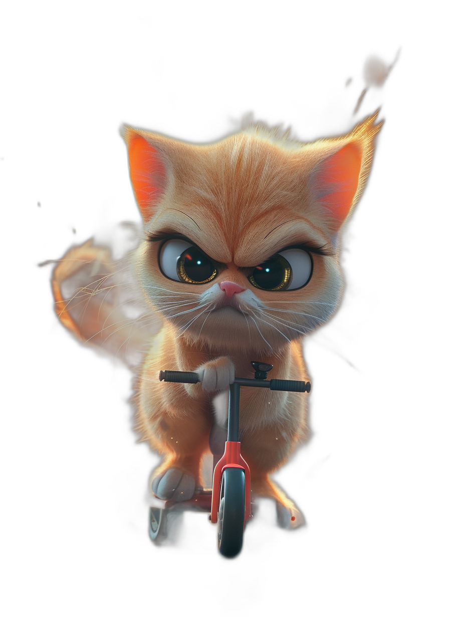 3D render of a cute kitten riding a scooter with an angry face on a black background, created in the style of Pixar using Blender.