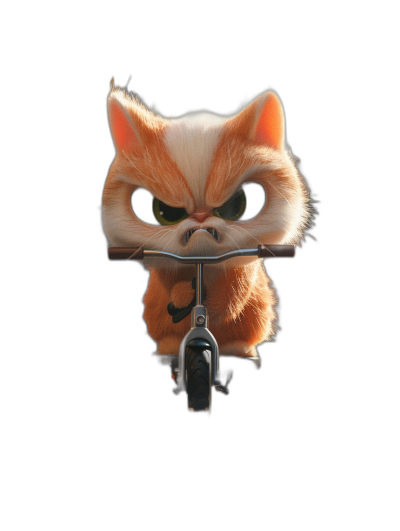 front view of a cute little orange cat on a bike with an angry face, in the style of Pixar, black background, symmetrical eyes, rendered in Octane