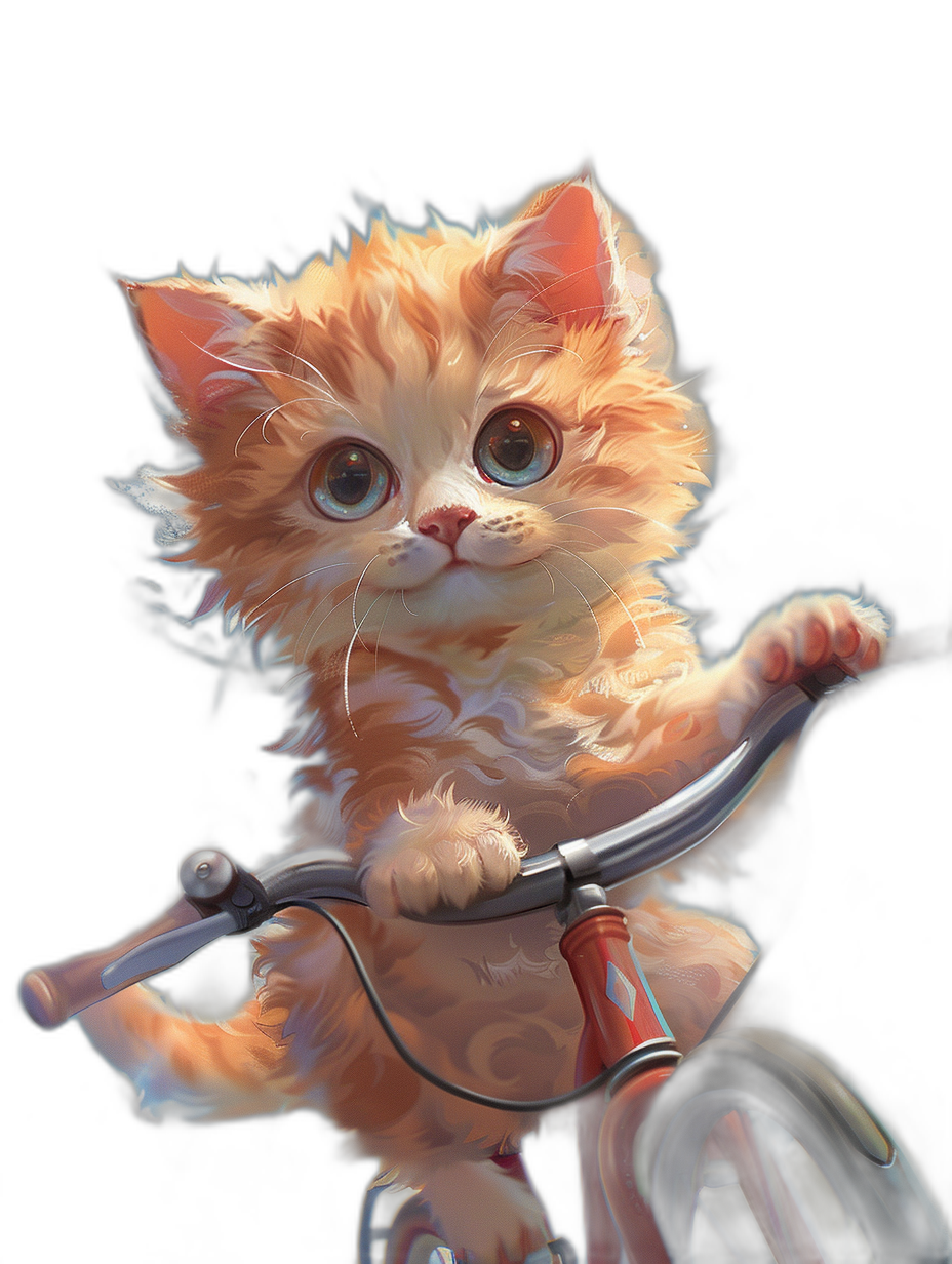 digital art of a cute and fat orange kitten, with a tiny white beard, wearing a red top and riding a bicycle against a black background, with pastel soft lighting and a soft-focused realistic style.