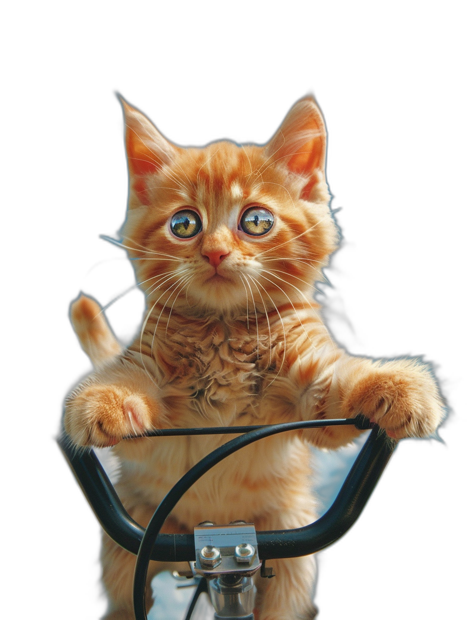 photorealistic cute orange cat with big eyes sitting on the handlebar of bicycle, isolated black background, funny