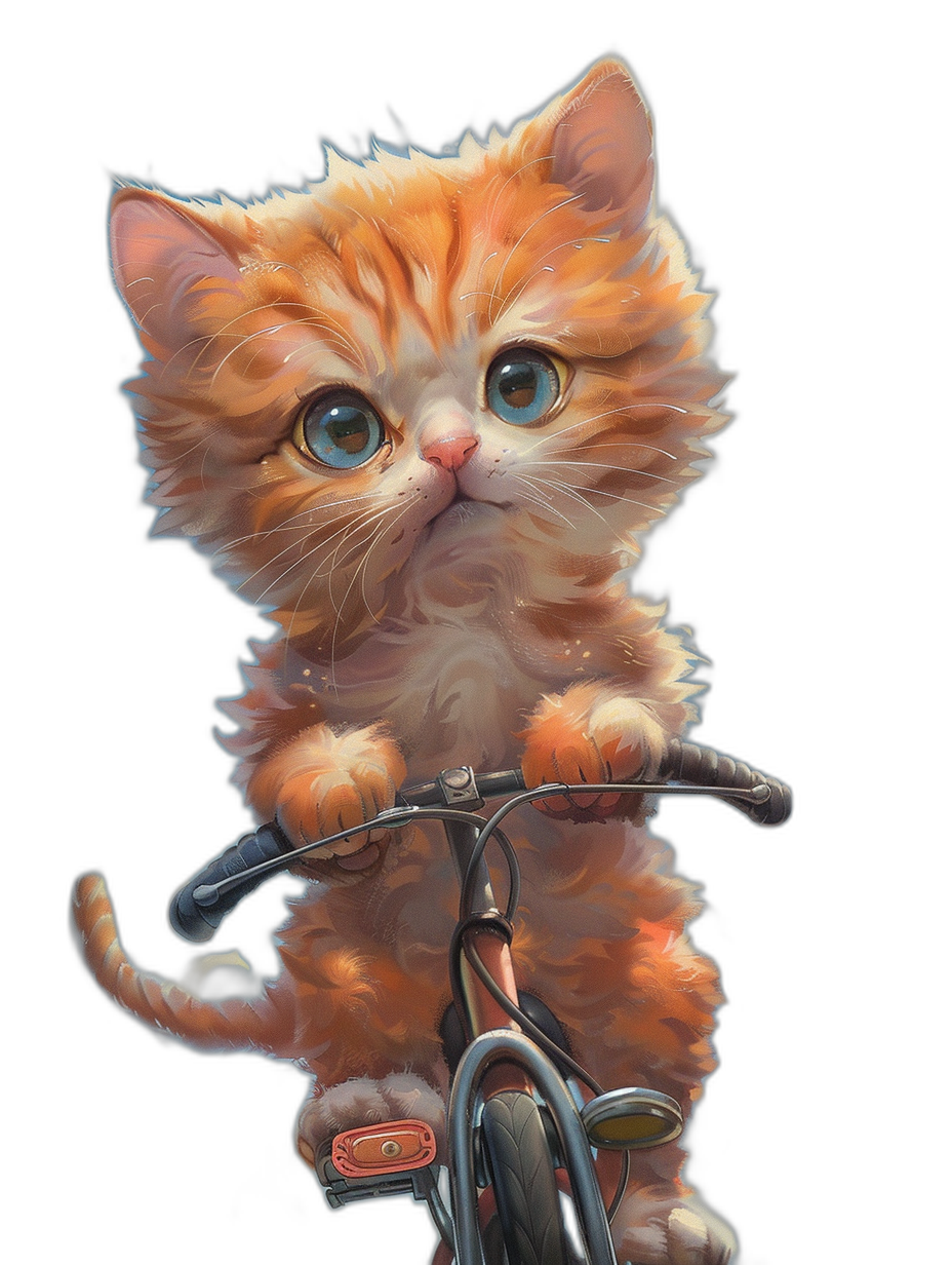 digital art of a cute and fat orange kitten riding a bicycle against a black background, with blue eyes, a big head, and a small body, in the style of romanticism.