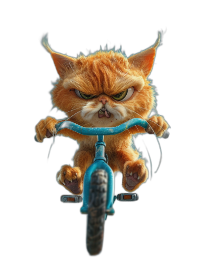 A cute orange cat with an angry face riding on a blue bicycle against a black background, in the style of Pixar, with high resolution and hyper quality.