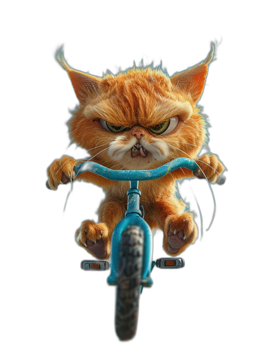 A cute orange cat with an angry face riding on a blue bicycle against a black background, in the style of Pixar, with high resolution and hyper quality.