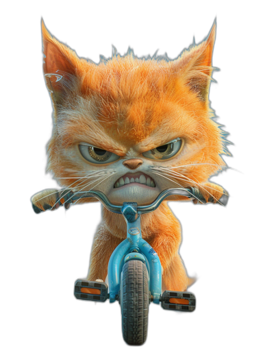 grumpy orange cat with blue tricycle, angry face, in the style of pixar, cartoon character portrait, black background, 3d render, digital art