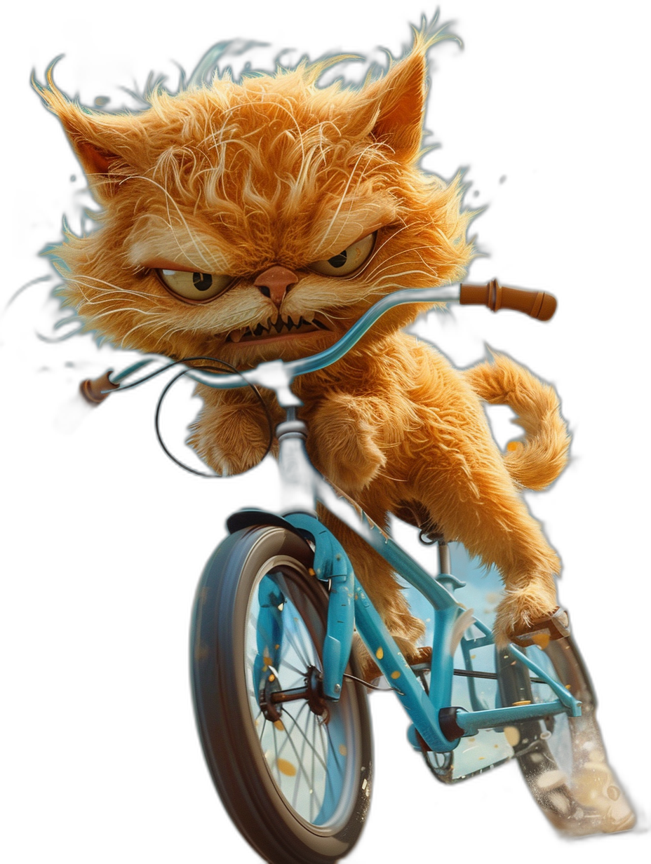 evil grumpy orange cat with messy hair riding blue bike, in the style of Pixar, black background, cartoon character concept art, unreal engine