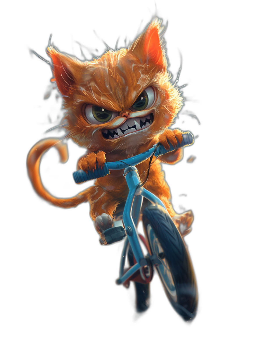 Cute cat riding on a bicycle with an angry face, in the style of Pixar, cartoon character design on a black background, high resolution, high quality, high detail digital art, fantasy art in the style of Pixar, cute