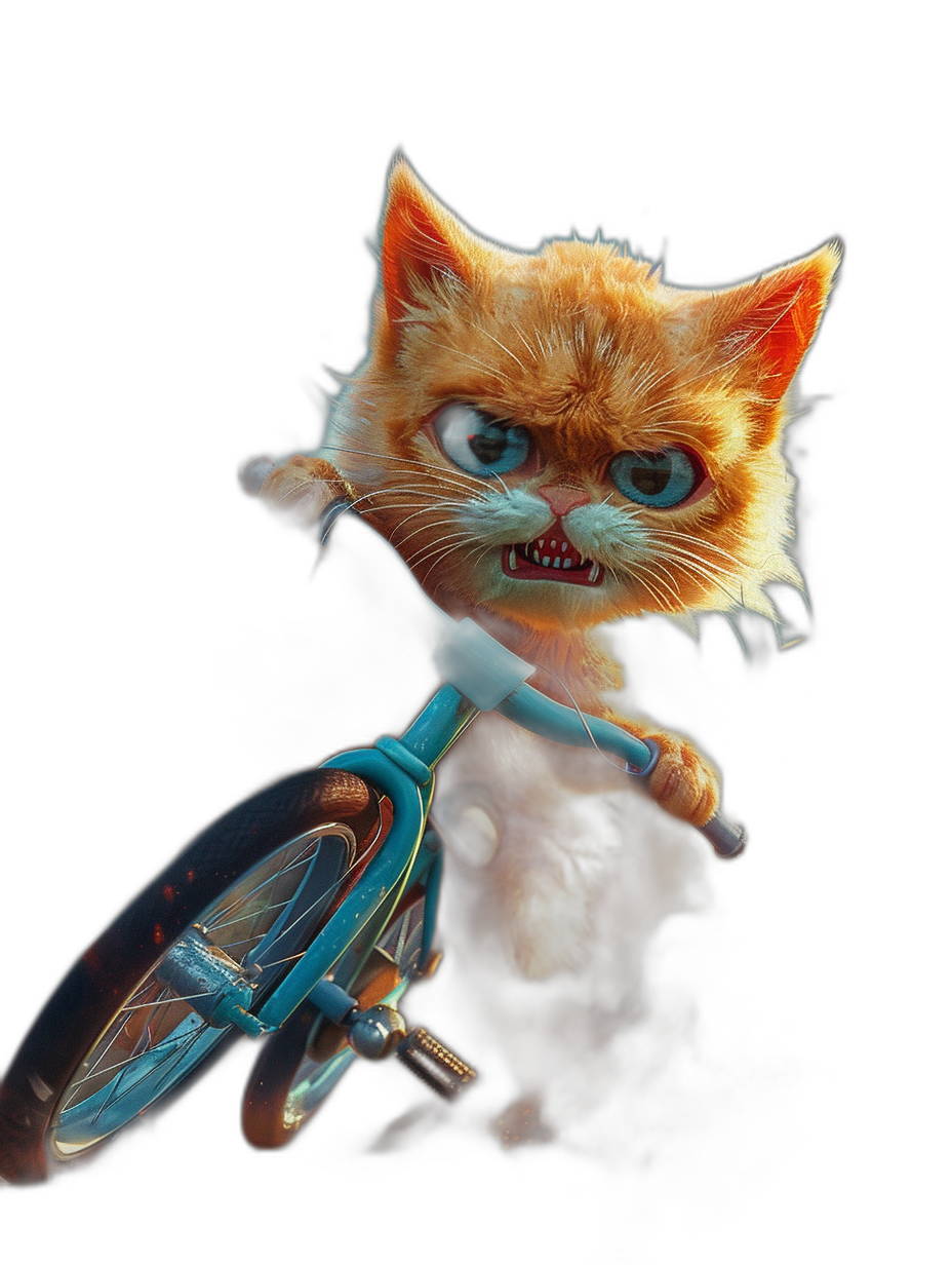 a cute orange kitten with blue eyes, riding on the front of bicycle in style pixar animation, angry face, black background, high detail