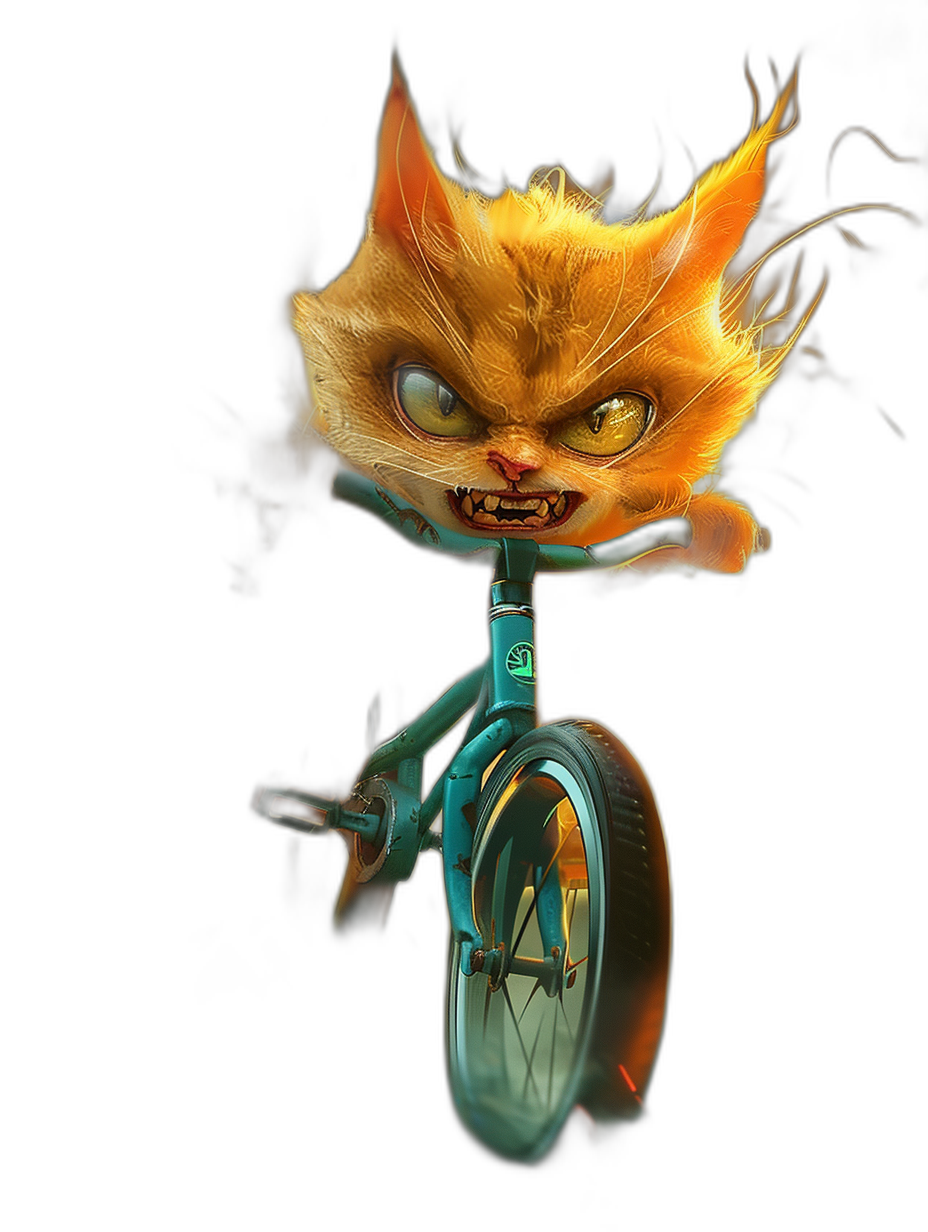 character design of an angry orange cat on a unicycle, in the style of [Tiago Hoisel](https://goo.gl/search?artist%20Tiago%20Hoisel) and [Artgerm](https://goo.gl/search?artist%20Artgerm), caricature-like, playful caricatures, dark background, high resolution, fantasy style