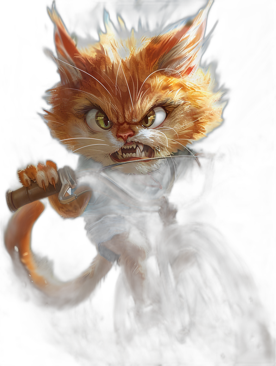 A cute orange cat with long hair and a white chest, yellow eyes, short fur around its neck, wearing a dark blue shirt, riding on a small bike, its fangs showing teeth, on a black background, concept art in the style of Pixar, cgsociety, character design sheet.