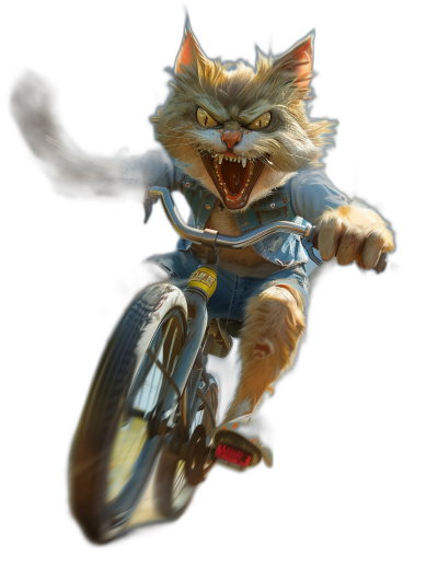 a photorealistic image of an angry cat riding on the back wheel of bicycle, wearing blue shirt and shorts, yellow eyes, black background, high resolution,