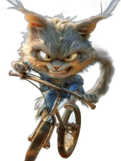 A crazy cat with long hair riding on a bike with a smiling face in a full body character design in the style of Pixar. Fantasy background with a black background, wearing blue jeans and white sneakers with yellow eyes. Hyper realistic and detailed digital art with high resolution and high details. Octane render with cinematic light.