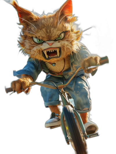 angry cat character in the style of Disney's style, youthful gang members wearing baggy jeans and sneakers, riding on an electric bike with green eyes, snarling expression, against an isolated black background, full body portrait, high resolution photography