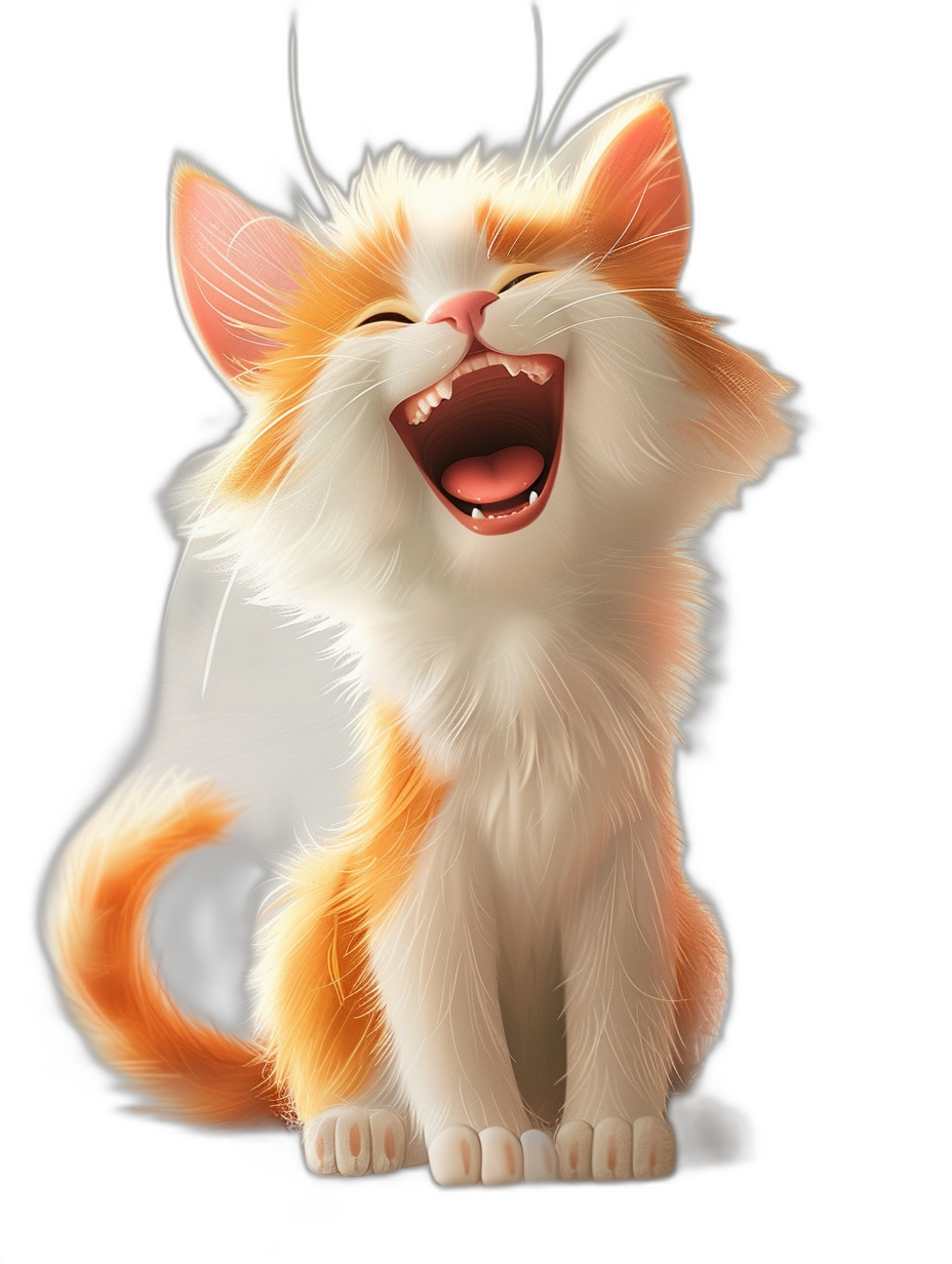 A cute happy cat laughing in the style of Disney, vector graphics in the style of cartoon, black background, white and orange colors, high resolution, highly detailed, cute character design, cute kitten illustration, cute pet illustration, high quality, high detail, digital art, fantasy.