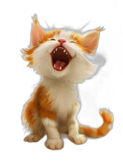 smiling happy cute orange and white kitten howling, black background, cartoon style, 2d game art, in the style of Pixar, high resolution, detailed, cute, adorable