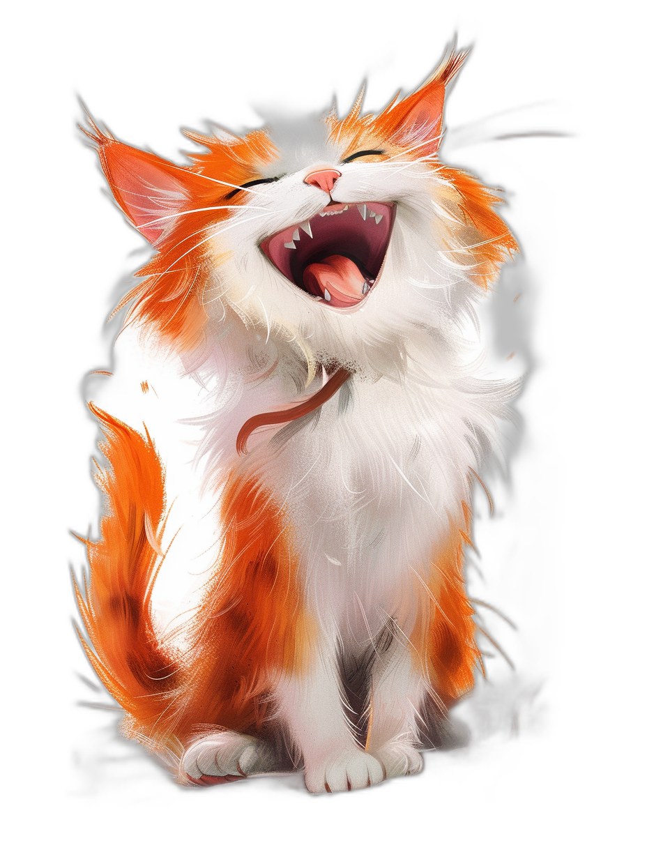 A cute orange and white cat with long hair, laughing heartily while showing off his teeth in the style of digital art, black background, full body portrait.