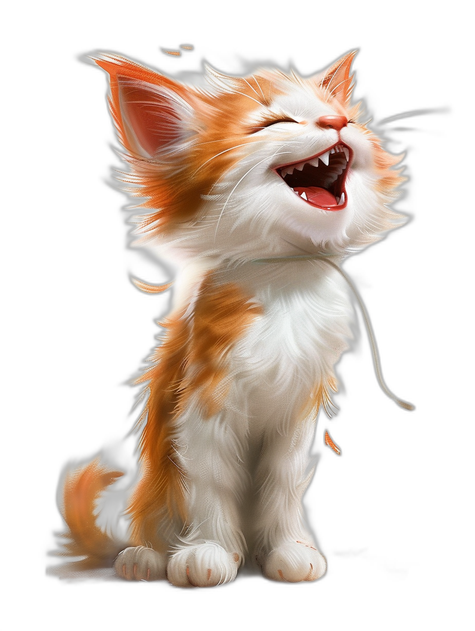 A cute orange and white cat with a happy expression and laughing mouth open wide. The long hair on the head of the kitten is flying in the wind. It is a full body shot on a black background with a cartoon style, high definition, high resolution and bright colors. The rendering has a 3D style in the manner of Pixar animation, while the detail is in the style of Disney, and the quality is the best.