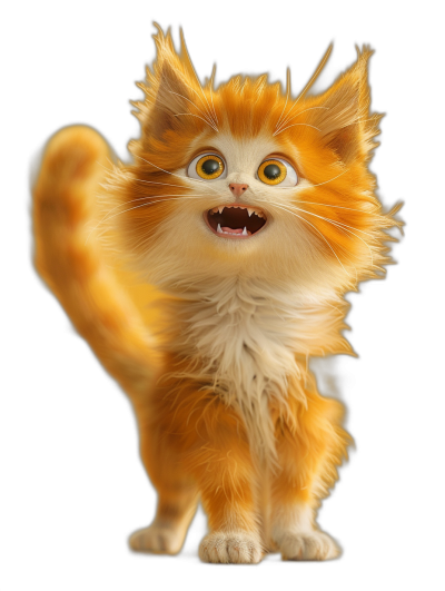 A full body shot of an orange and white fluffy cat, with big eyes, smiling and waving its paw, in the style of Pixar, black background, in the style of Disney, cute