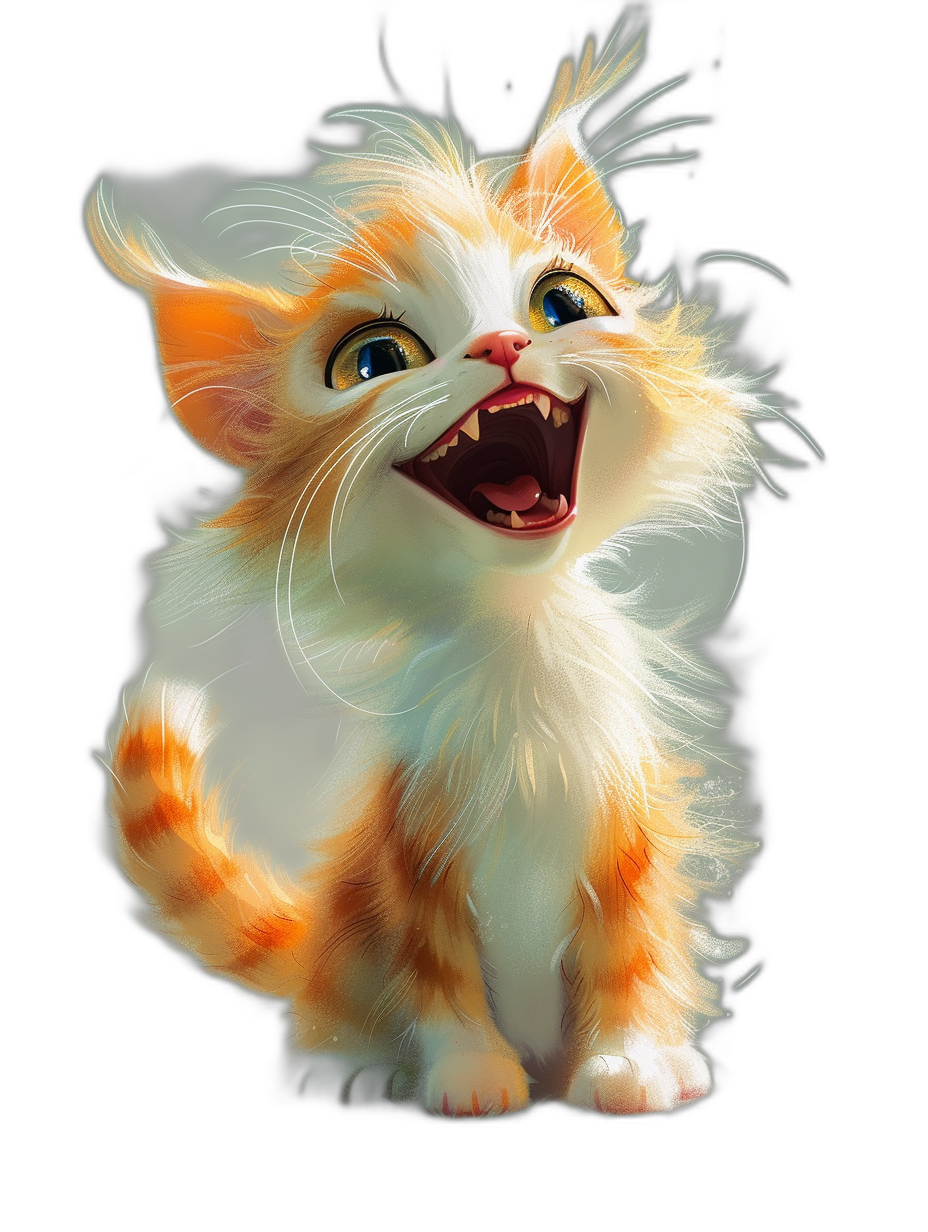 A cute cartoon illustration of an orange and white kitten with long hair, a happy expression, laughing, white fur on its head, against a black background, in the style of Pixar, in the style of Disney animation, high definition, high resolution, a full body portrait, with three-dimensional features, rendered with octane, digital art, bright colors, lit with studio lighting, with super details, fine gloss.