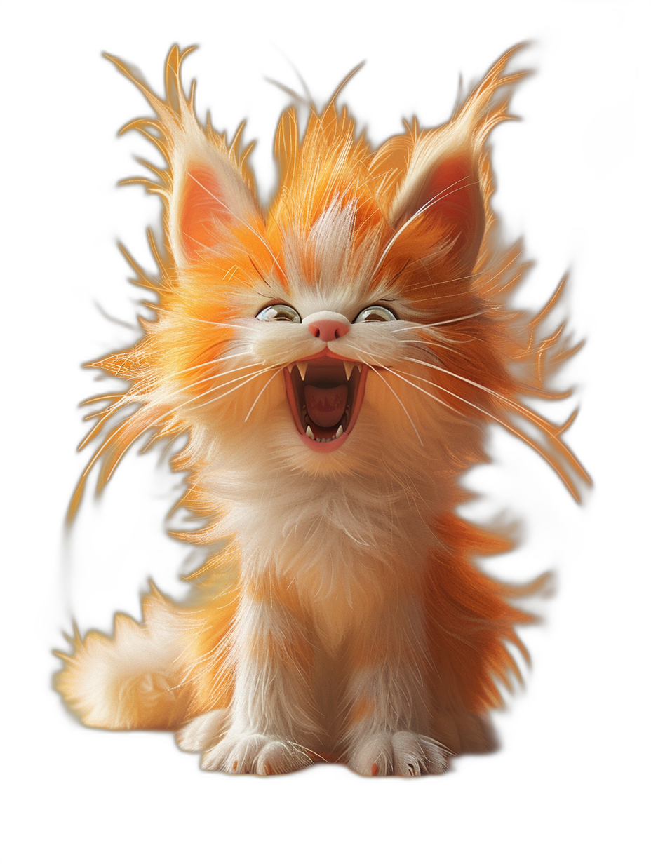 A cute happy cat, fluffy fur, Pixar style, cartoon character, furry art, long hair with flame pattern on the head and tail, orange white color scheme, black background, high definition, high resolution, octane rendering, bright colors, showing its teeth, laughing heartily. It is very cheerful. The mouth has sharp fangs that show it’s fighting power. Aesthetics of children book illustration, trending pixar illustration, animation illustration, full body shot, fantasy, concept art, 3d render, 4 k, anime style, chibi