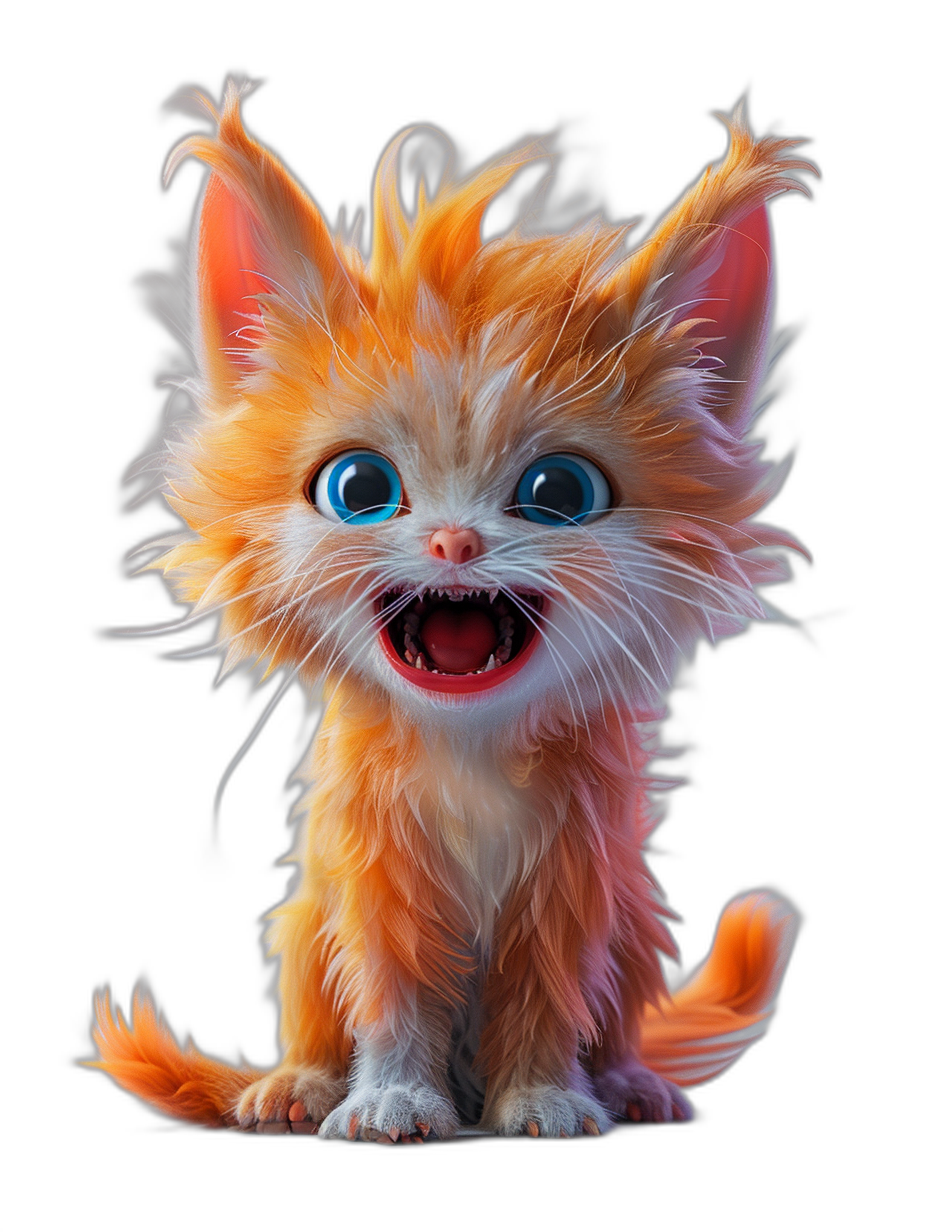 3D render of a happy orange kitten with blue eyes, fluffy hair and open mouth, full body, on a black background, cute character design, concept art in the style of Pixar studio.