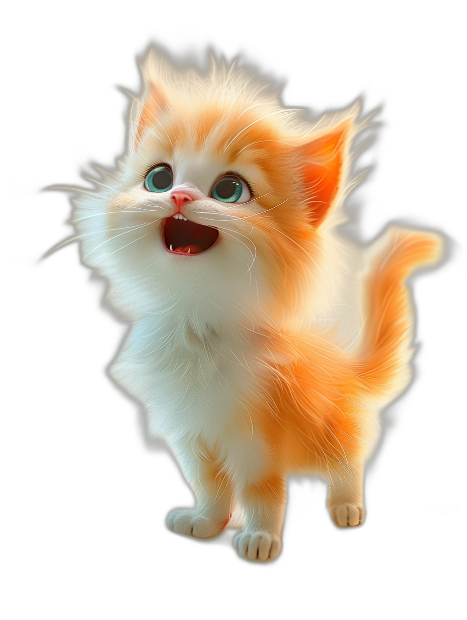 A cute orange and white kitten, smiling happily with its mouth open in the style of Pixar, standing on its front feet, black background, glowing fur, ultra-high definition, hyper-realistic, cute pet wallpaper design.