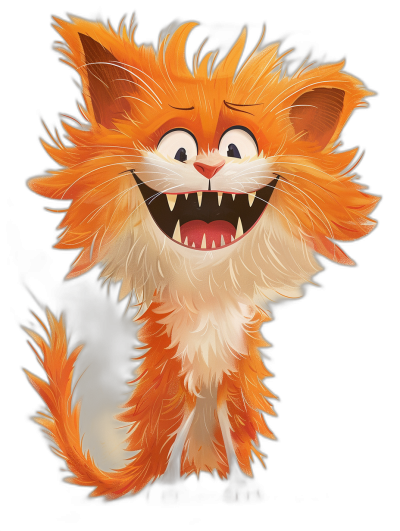 smiling fluffy orange cat with sharp teeth, in the style of Pixar, cartoon character concept art on black background