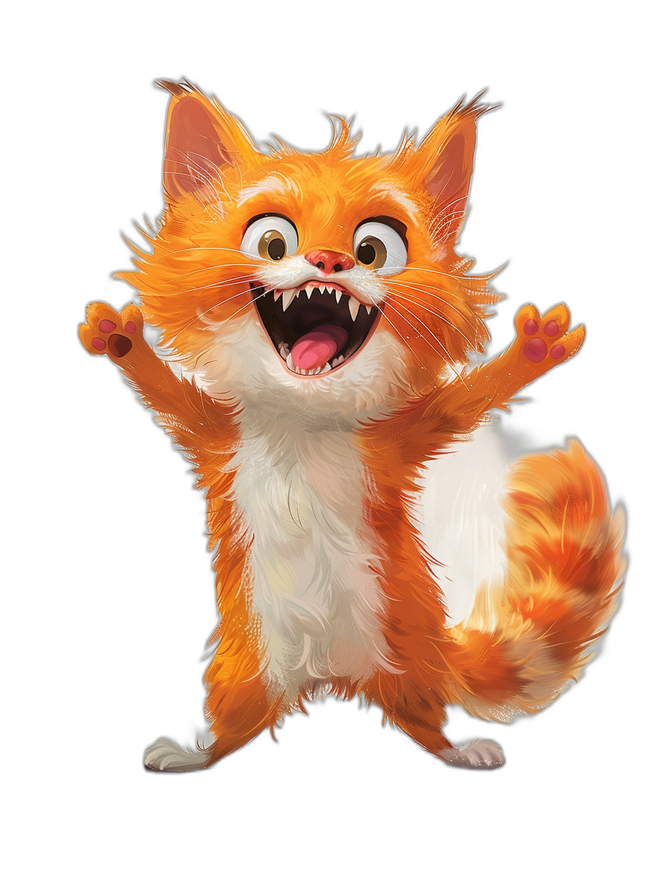 A happy and smiling orange cat with a white belly is depicted in the full body in the style of Pixar studio. The cute cartoon style cat has big eyes, white color on his paws and tail, and white eyelashes against a black background. The open mouth of the cat is shown wide, displaying teeth as his arms are outstretched to the sides.